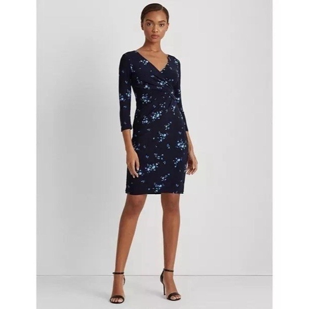 NWT LRL Ralph Lauren Navy Floral Wrap-Front Old Money Preppy Midi Sheath Dress 6